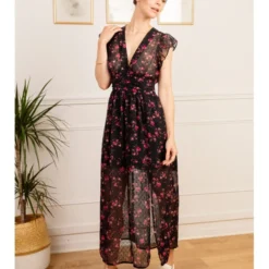 Robe Longue Zelie -Étoffe Belle Soldes Boutique r2171 noir fushia in april 2